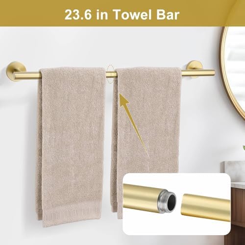5 Pieces Brushed Gold Towel Bar Set, Upgraded Round Bathroom Hardware Accessories Set, Toilet Paper Holder Towel Holder Set for Bathroom Stainless Steel Wall Mounted 23.6Inch - Image 3