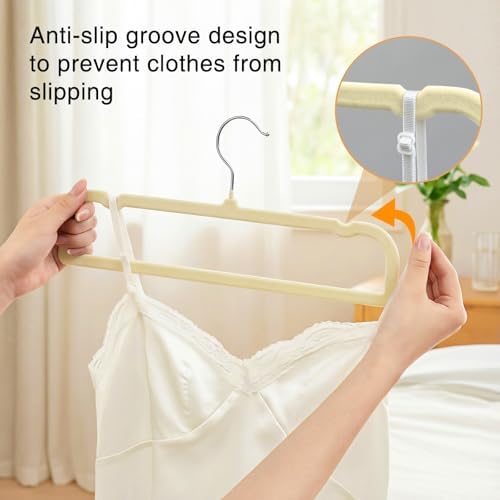 60 Pack Beige Velvet Felt Pants Hangers with 60 Hooks, Heavy Duty Space Saving Clothes Hangers with 360° Swivel Hook, Non Slip Thin Cute Flocked Design for Shirts, Coats, Dresses & Closet Organization - Image 4