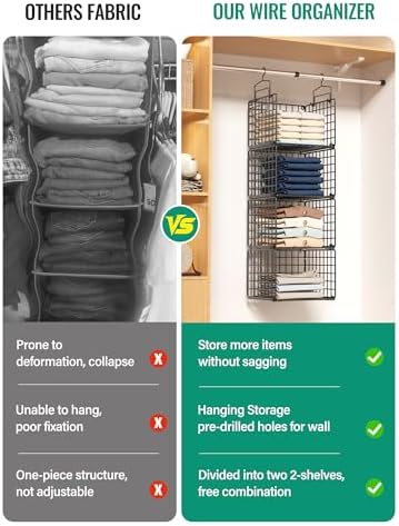 Hanging Closet Organizer, 4 Tier Metal Closet Organizers and Storage with 4 Hanging Hooks 4 S-Hooks for Wardrobe Laundry Room, Wire Storage Shelf for Clothes Sweaters Pants (Black) - Image 5