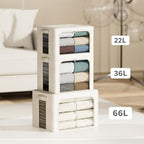 4 Pack Clothes Storage Bins with Metal Frame - 66L Stackable Storage Box with Lid，Foldable Storage Container Organizer for Clothes，Linen Fabric Storage Box with Clear Window＆Zippers＆Handles - Image 5