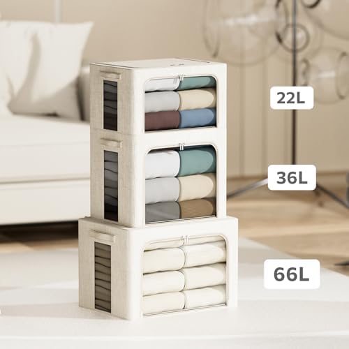 4 Pack Clothes Storage Bins with Metal Frame - 22L Stackable Storage Box with Lid，Foldable Storage Container Organizer for Clothes，Linen Fabric Storage Box with Clear Window＆Zippers＆Handles - Image 5