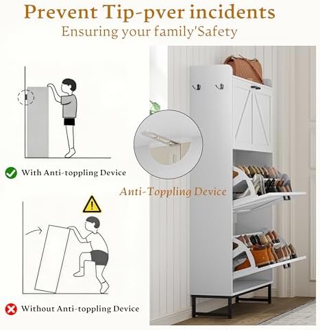 Wodeer Shoe Cabinet Storage for Entryway, Shoe Storage Cabinet with 4 Flip Drawers, Freestanding Narrow Shoe Rack Organizer with Metal Legs, Adjustable Shelves & Open Storage for Foyer, Hallway, White - Image 7