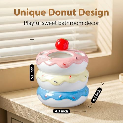 Donut Ceramic Toothbrush Holder, 5-Slot Toothbrush and Toothpaste Holder Cute Toothbrush Holder Set, Bathroom Storage Rack Suitable for Electric Toothbrushes, Toothpaste, Dental Floss (Color Mixing) - Image 2