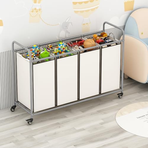 LINZINAR 4 Section Laundry Hamper, Beige Laundry Basket 180L Laundry Sorter - Image 2