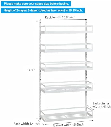 X-cosrack Wall Mount Spice Rack Organizer 5 Tier Height-Adjustable Hanging Spice Shelf Storage for Kitchen Pantry Cabinet Door, Dual-Use Seasoning Holder Rack with Hooks, White - Image 7