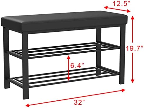 Finnhomy Entryway Shoe Rack with Cushioned Seat, Shoe Bench for Entry, 2 Shelves Storage Bench w/Faux Leather Top Bed Bench, Black - Image 2