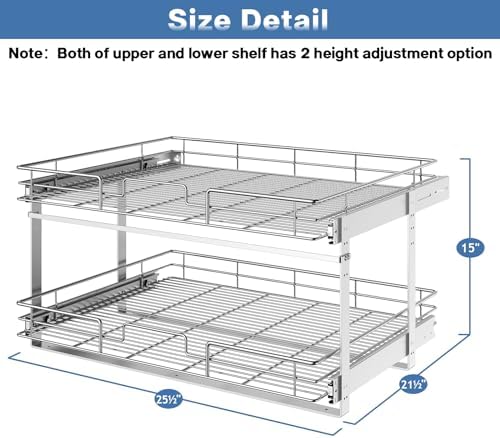 LOVMOR 2 Tier Individual Pull Out Cabinet Organizer 25½" W x 21½" D, Slide Out Kitchen Cabinet Storage Sliding Shelves - Image 3