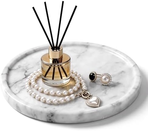 Natural Round Marble Tray - 7.8" Marble Vanity Tray for Dresser, Bathroom, Decorative Jewelry Dish for Perfumes Rings Earrings Necklaces, Stone Tray for Home Décor, White by Woduelka