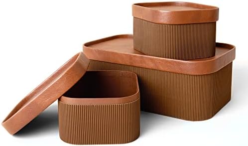LA JOLIE MUSE Decorative Storage Boxes with Lids Faux Leather, Brown 3 Pack by LaJol%C3%ADeMuse