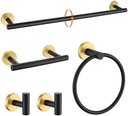 TURS Black and Gold 5 Piece Bathroom Hardware Set, SUS304 Stainless Steel Gold Black Towel Bar Set, 24 Inch Rould Bathroom Accessories Kit Wall Mounted by TURS
