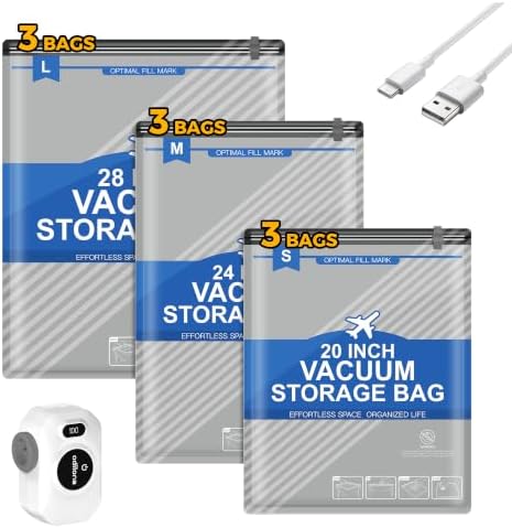 Vacuum Storage Bags, Vacuum Seal Bags for Clothing, Travel Vacuum Bags with Electric Pump, Space Saver Bags for Travel, Reusable Compression Bags, 9-Combo Set by Odilona