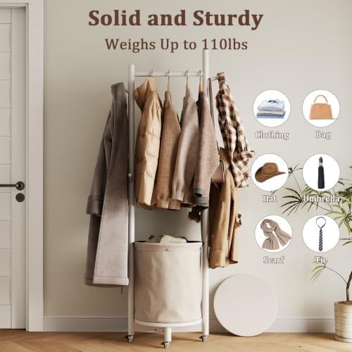 CycleCrew Solid Wood Coat Rack with Fabric Basket - Freestanding Coat Rack Rolling Coat Tree with 9 Hooks Wheels, Small Clothes Rack For Entryway Bedroom Hallway Living Room - Image 3