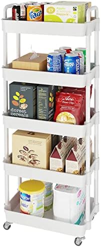 5 Tier Rolling Cart with Wheels, Utility Storage Carts,White by Laiensia