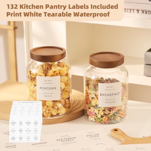 2 Pack Glass Food Storage Containers with Airtight Acacia Wood Lids and 132 Kitchen Pantey Labels Preprint - 43 LF OZ Borosilicate Glass Canister Sets for Food,Coffee,Cookie,Tea,Candy,Sugar - Image 6
