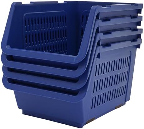 4 Pack Stacking Storage Baskets, Open Front for Pantry Organizers and Storage, Plastic Stackable Storage Bins, Dorm Room Essentials, Pantry Storage for Food, Kitchen and Home Organization (Blue) - Image 6
