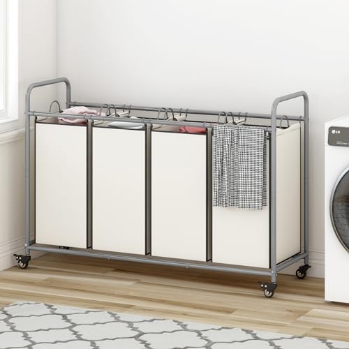 LINZINAR 4 Section Laundry Hamper, Beige Laundry Basket 180L Laundry Sorter - Image 4