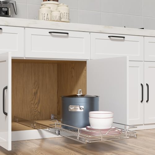 OCG Pull Out Cabinet Organizer 2 Pack (15" W x 21" D), Pull out Shelves 1 Tier, Cabinet Slide Out Shelves for Base Cabinet Organization in Kitchen Bathroom Pantry, Bottom Mount, Chrome Finish - Image 2