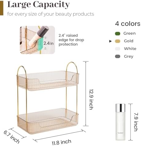 Aveniee Bathroom Counter Organizer, 2 Tier Perfume Skin Care Countertop Storage Shelf, Vanity Makeup Tray for Cosmetic Skincare Lotion, Gold - Image 3