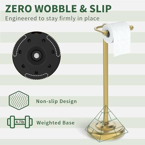 Toilet Paper Holder Stand,Free Standing Toilet Paper Holder,Modern Post Pivoting Toilet Paper Stand with Stable Weighted Base,SUS304 Stainless Steel Tissue Roll Holder Stand for Bathroom,Brushed Gold - Image 7