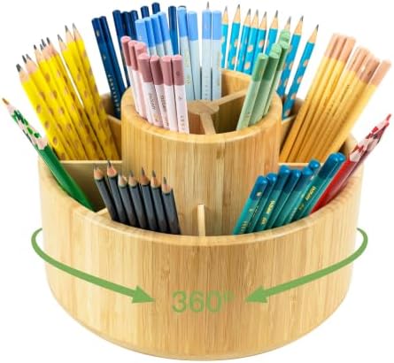 Utoplike Large Bamboo Rotating Pencil Holder, 360° Colored Pen Organizer by Utoplike