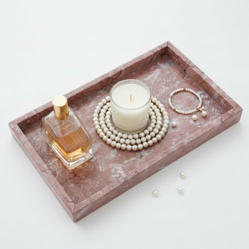 Real Natural Marble Tray 12x8 Inch, Genuine Pink Stone Vanity Organizer for Bathroom, Kitchen Counter & Dresser, Non-Slip Decorative Storage Tray for Perfume, Jewelry, Keys & Coffee Table by Unknown