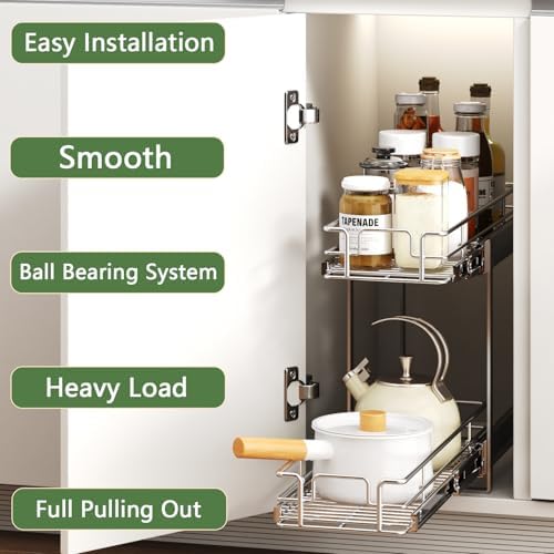 2 Tier Individual Pull Out Cabinet Organizer 5½" W x 21½" D, Heavy Duty Cabinet Pull Out Shelves, Slide Out Drawers Organization for Kitchen Cabinets Bathroom - Image 2