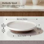 Ceramic Lazy Susan Turntable Organizer, 10.3 Inch Round Rotating Tray with Acacia Wood Base, White Speckled Glazed Spice Rack for Kitchen Countertop, Dining Table,Farmhouse Decor，Khaki White - Image 2