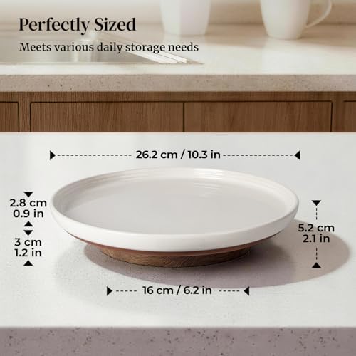 Ceramic Lazy Susan Turntable Organizer, 10.3 Inch Round Rotating Tray with Acacia Wood Base, White Speckled Glazed Spice Rack for Kitchen Countertop, Dining Table,Farmhouse Decor，Khaki White - Image 2