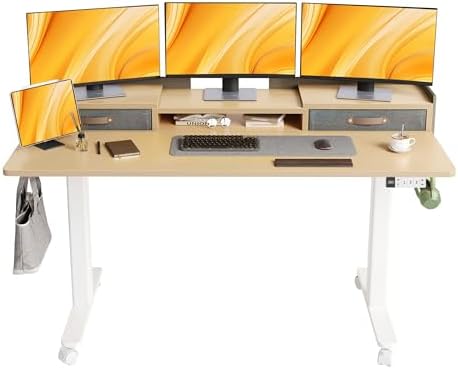 Claiks Standing Desk with Drawers & Wheels, 2 Height Shelf 59" Ntural by CLAIKS