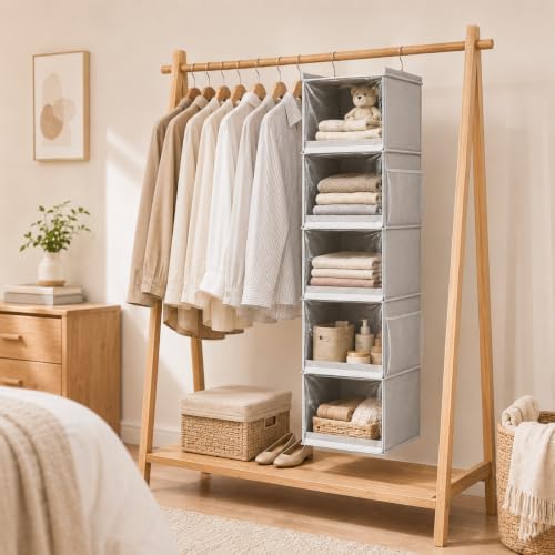 Vailando 5-Shelf Hanging Closet Organizer with Clear Dust Covers, Gray - Image 2
