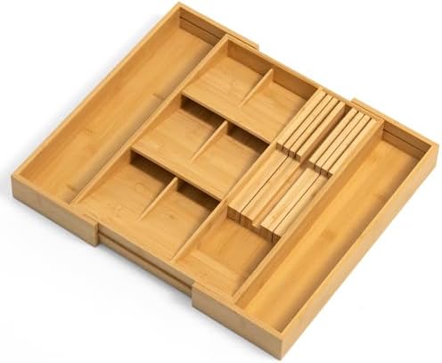 Becko US Bamboo Expandable Silverware Drawer Organizer With Knife Block by BeckoUS