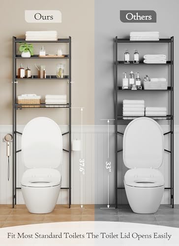 Quikraen 4 Tier Over The Toilet Storage Shelf with 3 Adjustable Shelves, Space Saver Bathroom Organizer with 4 Hooks, Freestanding Above Toilet Rack for Restroom Laundry (Black) - Image 5