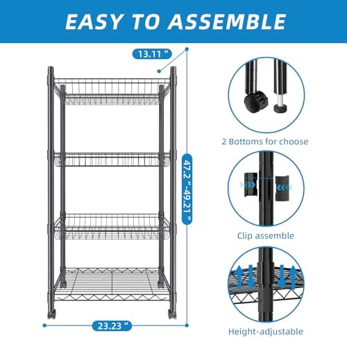 Guan River 4 Tier Wire Basket Shelf,Black,23.23" L x 13.11" W x 49.21" H - Image 3