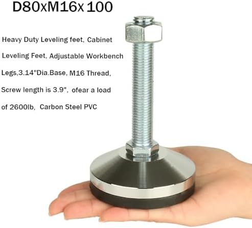 Heavy Duty Leveling Screw Leg,Leg Leveler 3.14" Dia Base,Adjustable Leveling feet M16 Thread, 2600 Lb Capacity,Capacity for Workbench, Machine, Cabinet, (D80xM16x100,4 Pcs,Black) - Image 2
