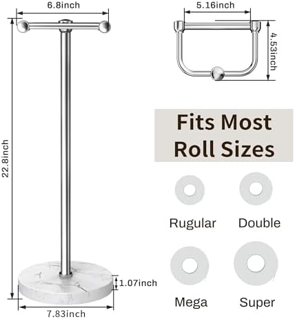 RARXTR Toilet Paper Holder Stand, Bathroom Free Standing Toilet Paper Stand with Modern Marble Base, Post Pivoting Toilet Paper Stand with Stainless Steel Tissue Rack, Rust-Proof & Heavy Base(Chrome) - Image 6