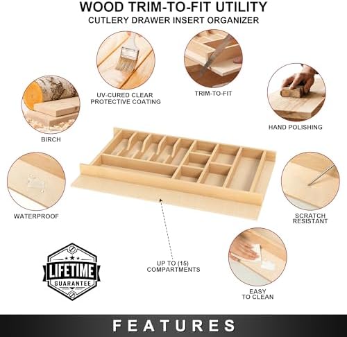 Clikuutory Natural Birch Wood Utensil Drawer Insert Organizer with 15 Compartments, Space-Saving Sturdy Drop-In Cutlery Divider Tray, Kitchen Cabinet Storage for Silverware, Spoons, Forks and Knives - Image 3