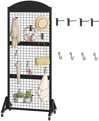 CHOEZON Grid Wall Panel 5.7’ x 2’ FT Grid Display Rack, Movable Gridwall Display Stand with Wheels, Sturdy Floorstanding Wire Grid Rack with 4 S-Shaped Hooks and 4 Garment Hooks, Black TCJ17BB by Choezon
