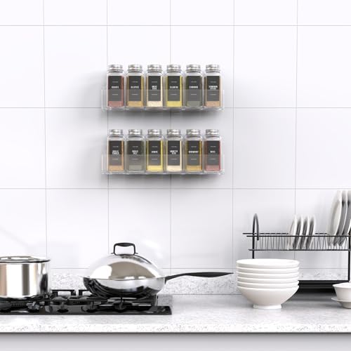 PMMASTO 2-Pack Clear Acrylic Self-Adhesive Spice Racks with 12 Empty Jars - Image 6