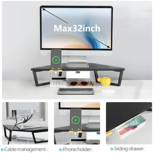 TEAMIX Corner Monitor Stand with Drawer and Phone Holder, 26x12.6x5.3in - Image 3