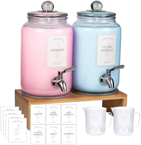 2 Pack Glass Laundry Detergent Dispenser,Sturdy glass Fabric Softener Dispenser With Leak Proof Pump,Reusable Container & Bamboo Stand-108Oz Big Laundry Soap Container For Washer Room Organization (2) by Unknown