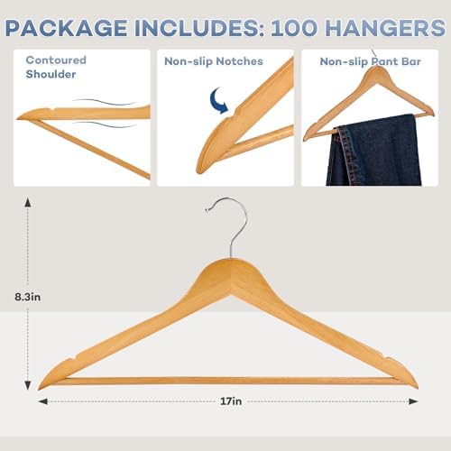 ZENOWICK Wooden Hangers 100 Pack, Heavy Duty Wood Hangers for Coats, Suits - Image 2