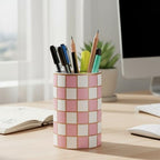 Bathroom Toothbrush Holder Set, Ceramic Checkered Soap Dispenser and Tooth Brush Holder Set, Modern Bathroom Accessories Sets Countertop, Black and White Checkered Bathroom Decor Set (Pink) - Image 6