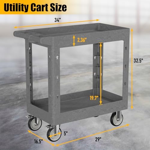 2-Shelf Heavy Duty Utility Cart with Wheels, 34 x 17-Inch Plastic Rolling Tool Cart, 550 lbs Capacity Mechanic Work Cart for Garage,Warehouse,Workshop - Image 2