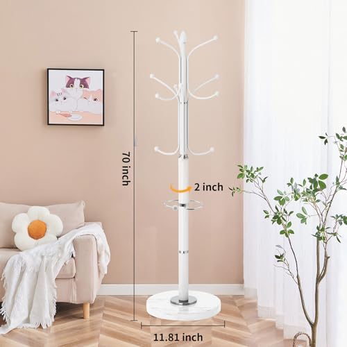 ZOZOE Metal Coat Rack Stand, Modern Coat Rack Freestanding with Natural Marble Base, Sturdy Coat Racks with 12 Hooks & Umbrella Holder,White Coat Tree Hanger Stand for Bags,Hats,Entryway,Office - Image 4