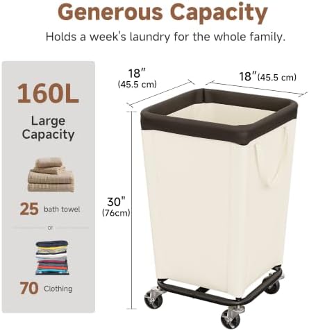 StorageWorks Laundry Hamper with Wheels, 160L Rolling Beige Basket - Image 2