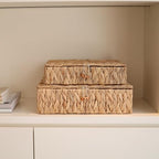 Wicker Storage Basket with Lid, Flat Water Hyacinth Baskets, Shallow Woven Basket for Shlef, Decorative Storage Boxes for Organizing - Image 5