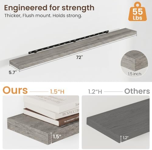 72 Inch Floating Shelves for Wall 2 Pack, Wood Wall Bathroom Shelves - Image 2