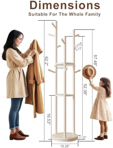 Muwuele Solid Wood Rotary Coat Rack, Freestanding Coat Rack with 3 Shelves and 9 Hooks, Coat tree for Bedroom, Entryway, Livingroom, Coat Hanger Stand for Coats, Scarves, Handbags (White) - Image 4