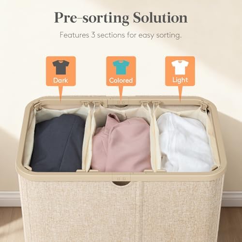 Lifewit 165L 3 Section Laundry Hamper with Lid, Laundry Basket, Beige - Image 3