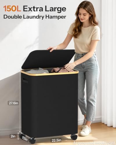 Double Laundry Basket with Wheels and Lid, 150L Clothes Hampers for Laundry - Image 2